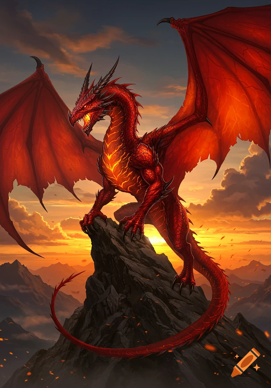 A majestic red dragon with large wings and a glowing chest stands atop a rocky mountain peak at sunset, silhouetted against an orange and blue sky.