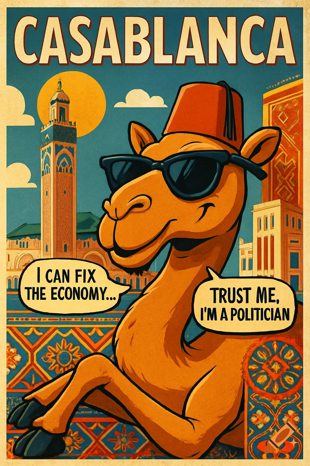 Cartoon camel in sunglasses and a fez, saying "I CAN FIX THE ECONOMY..." and "TRUST ME, I'M A POLITICIAN", in a vintage Casablanca poster style.
