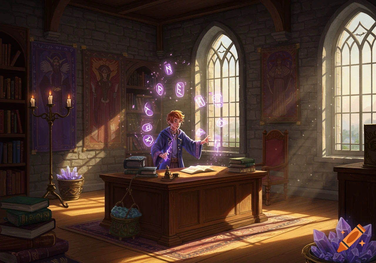 A young wizard in a purple robe casts a spell, surrounded by glowing runes, in a sunlit stone study with tall windows.