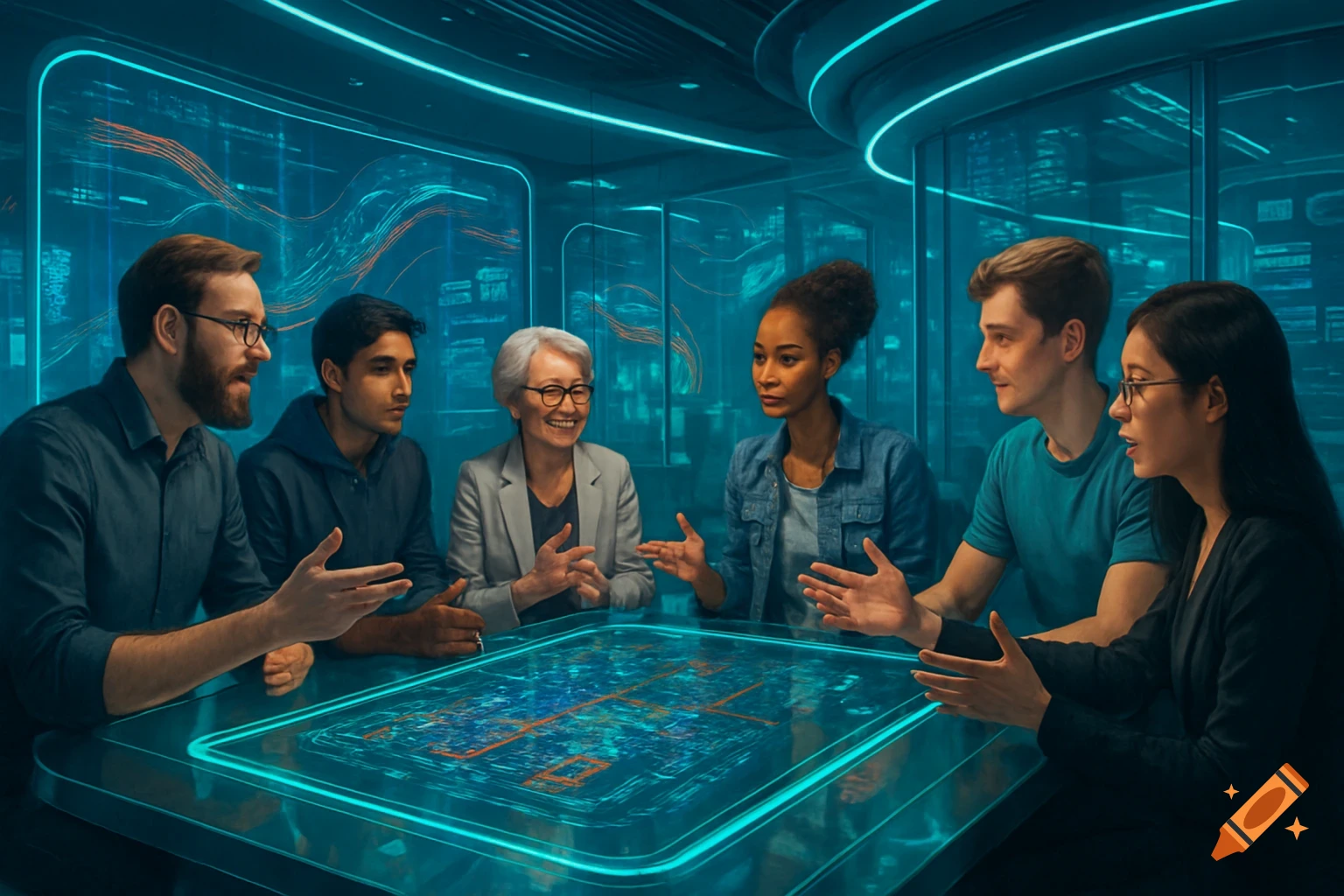 A diverse group of six professionals in a futuristic meeting room with glowing blue lines, discussing around a table with a glowing digital display.