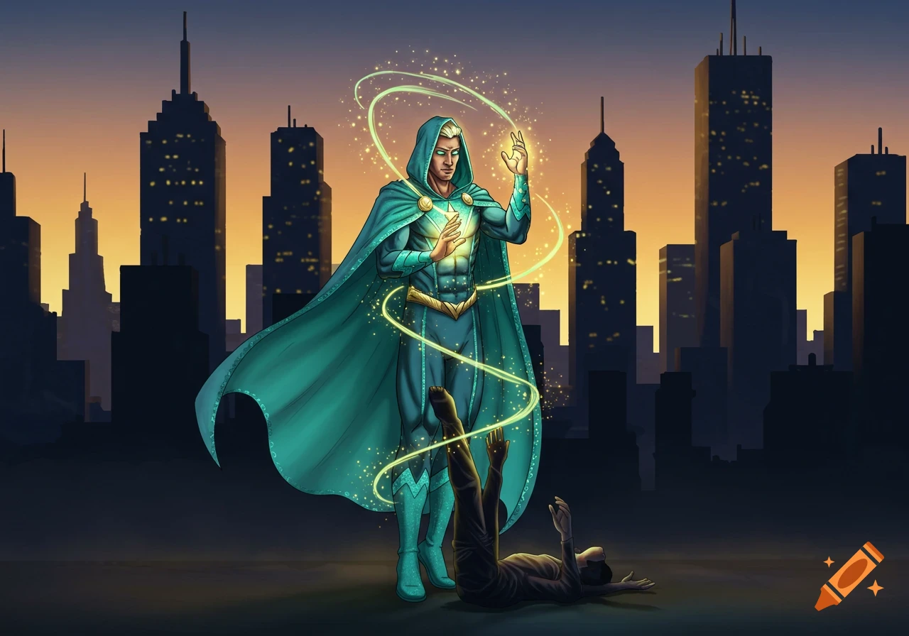A hooded superhero in a teal cape with glowing magic hands heals a person lying on the ground in a city at sunset. Comic art style.