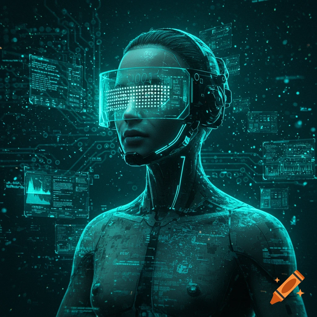 Close-up of a cyborg in a futuristic VR headset, surrounded by glowing digital data screens against a dark circuit board background.