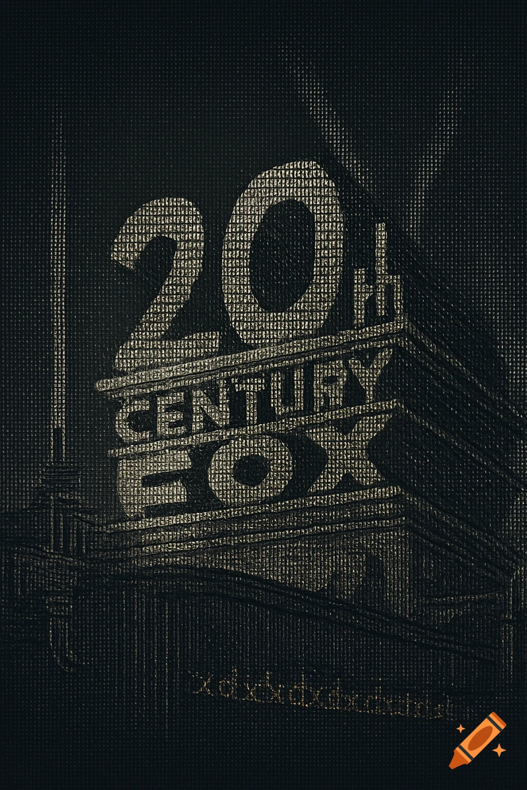 A stylized black and white 20th Century Fox logo in a pixelated or ASCII art style, with gibberish text below.