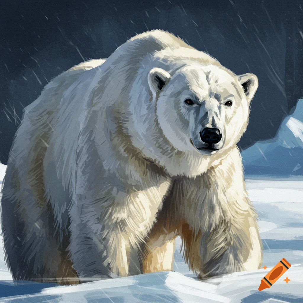 A white polar bear with dramatic lighting and visible brushstrokes stands in a snowy, dark environment.