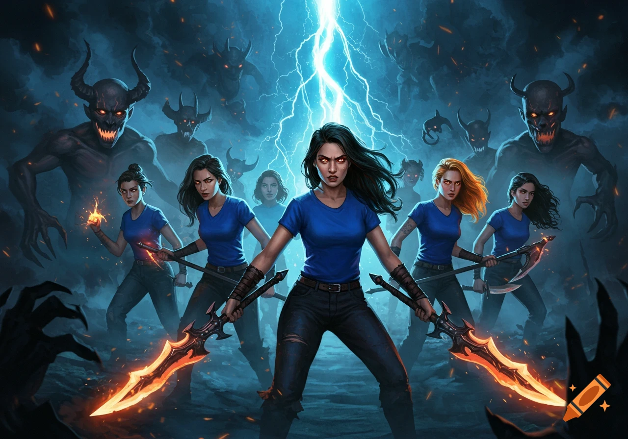A group of women with glowing swords and magic fight horned demons under a stormy, lightning-filled sky in a dramatic digital art style.