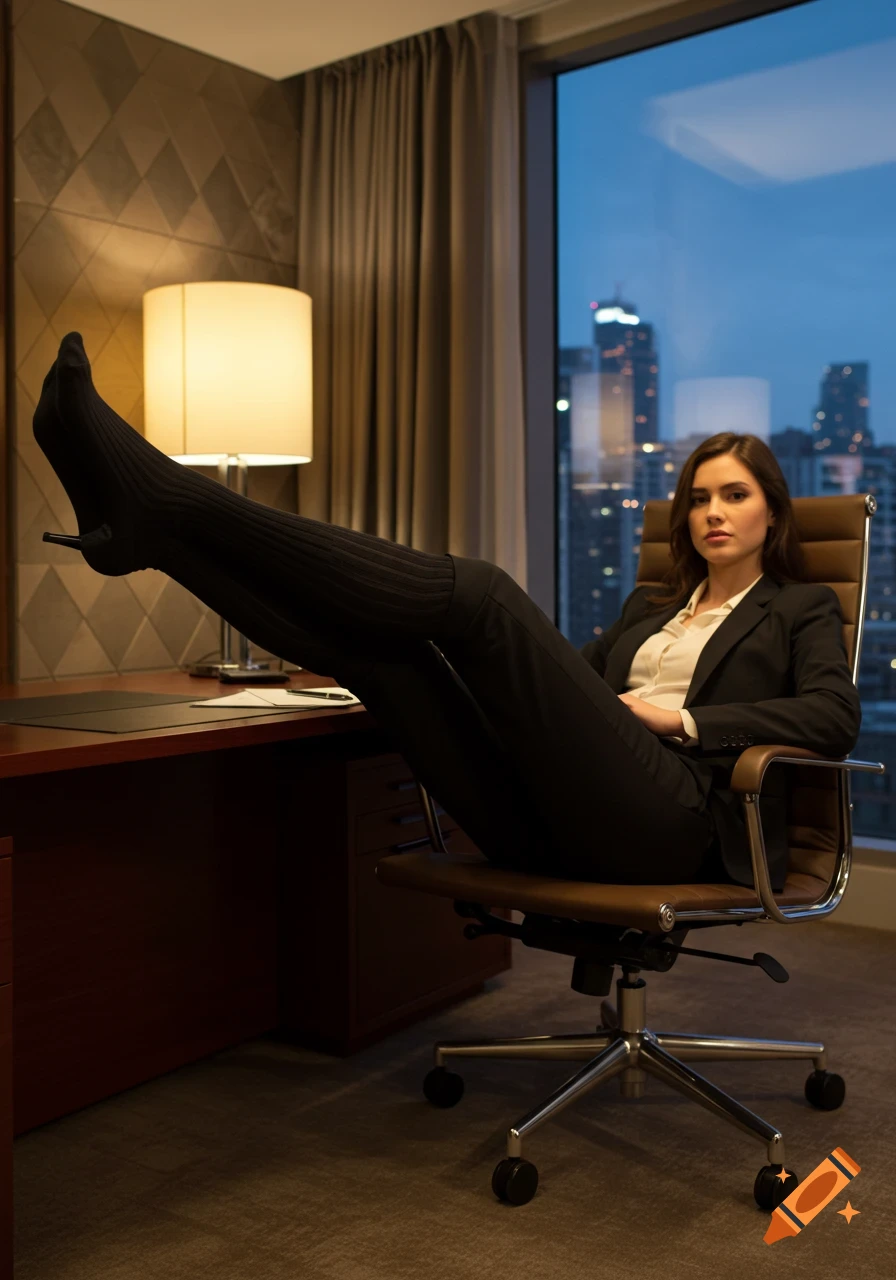Photorealistic image of a businesswoman in a suit and black ribbed socks, feet resting on a desk in a modern office with a city view at dusk.