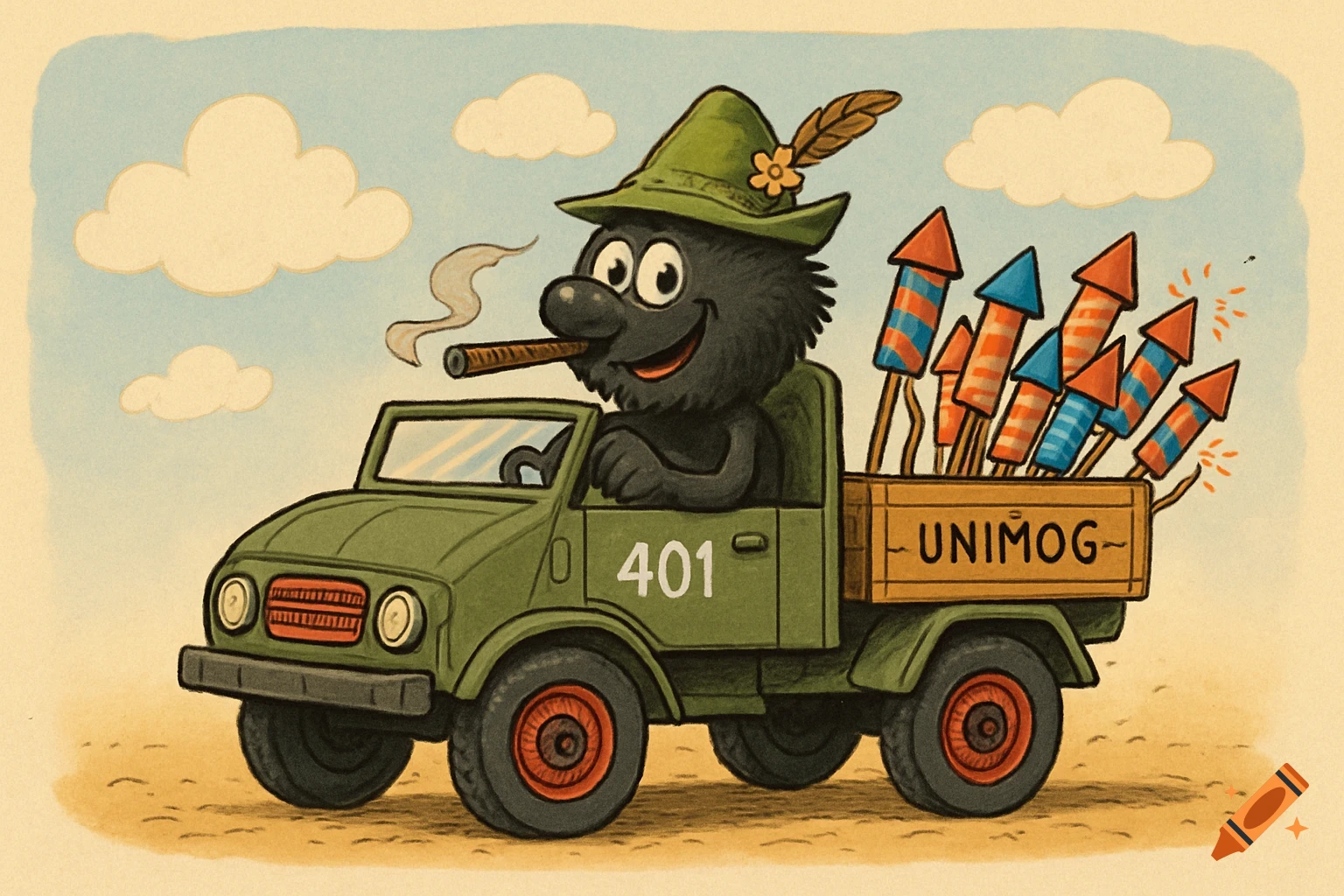 Whimsical cartoon of a black creature in a green hat driving a vintage green truck with fireworks, smoking a cigar, under a blue sky.