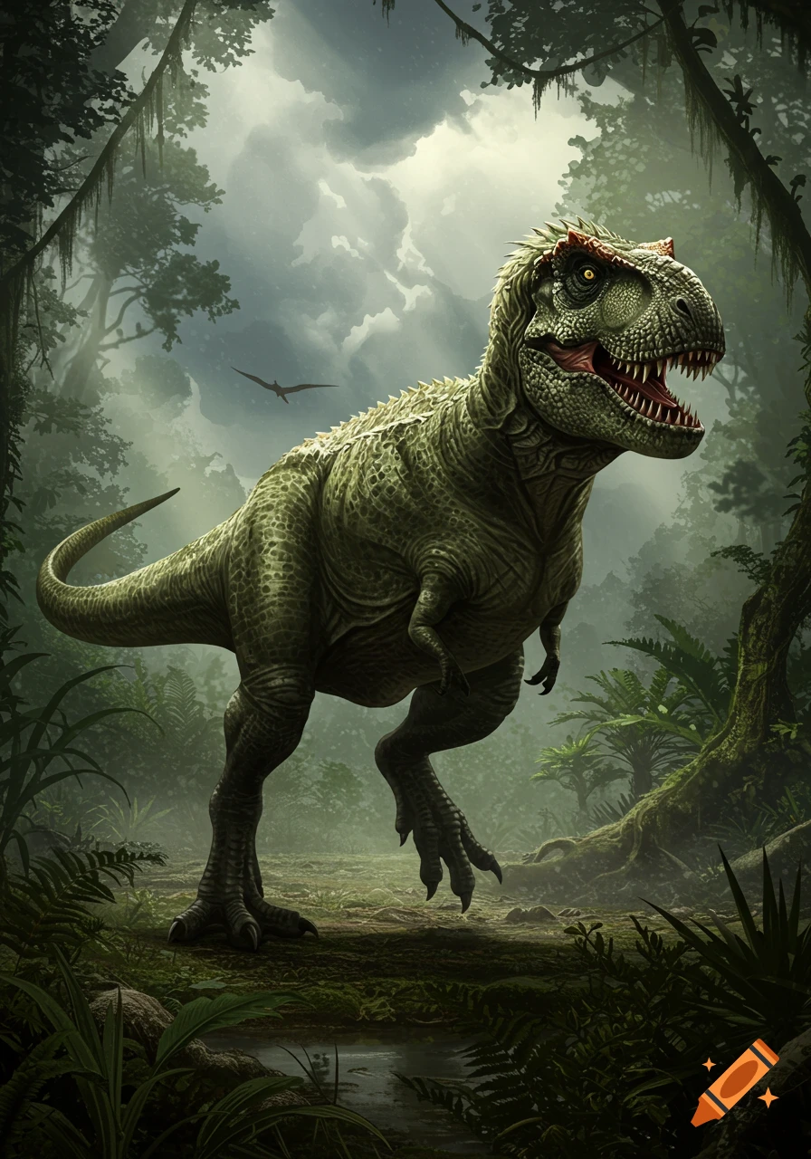 A large green T-Rex stands roaring in a misty, lush jungle, with a pterodactyl flying overhead. Realistic illustration.