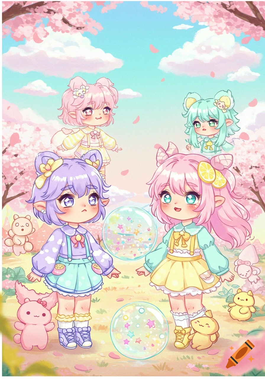 Four cute chibi anime girls with pastel hair in a cherry blossom landscape, surrounded by plush toys and bubbles.
