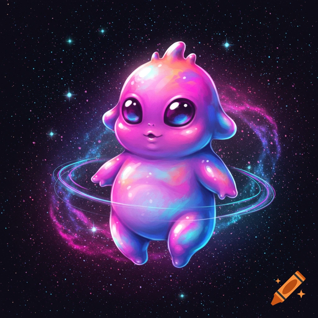 A cute, glowing, iridescent pink and purple alien creature with large eyes floats in a star-filled galaxy with neon rings.
