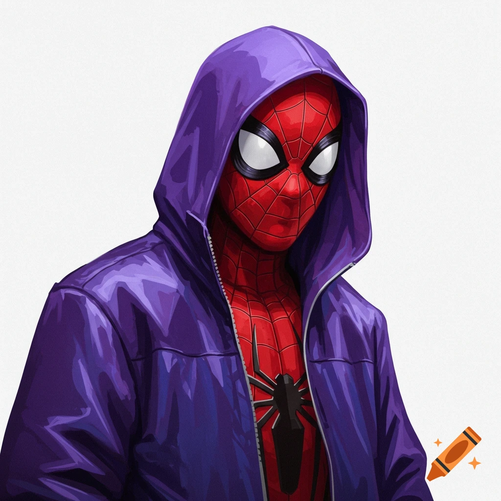 Digital illustration of Spider-Man in a purple hooded jacket, looking forward on a white background.