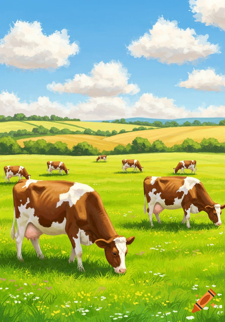 Illustrative painting of brown and white cows grazing in a green field under a blue sky with white clouds.