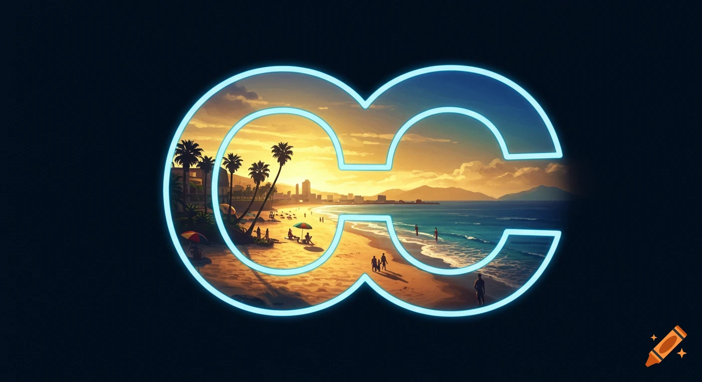 A vibrant beach and city skyline at sunset within two glowing blue C-shapes.