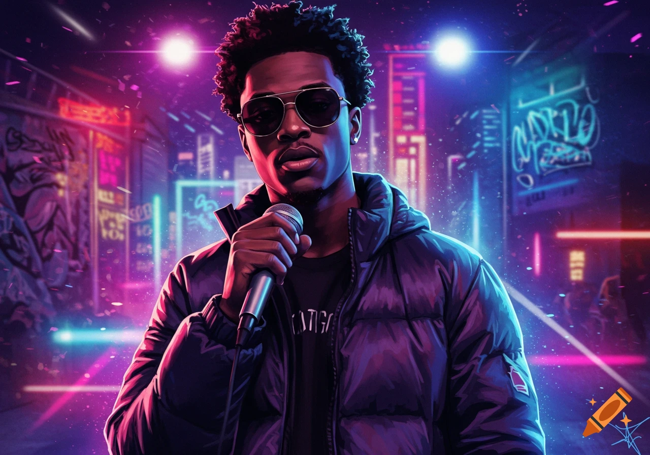 African-American hip-hop singer in sunglasses and puffer jacket holding a mic, against a neon city street.