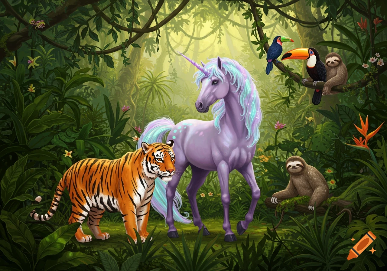 Colorful illustrated fantasy scene of a purple unicorn and tiger standing in a lush jungle with toucans and sloths on branches.