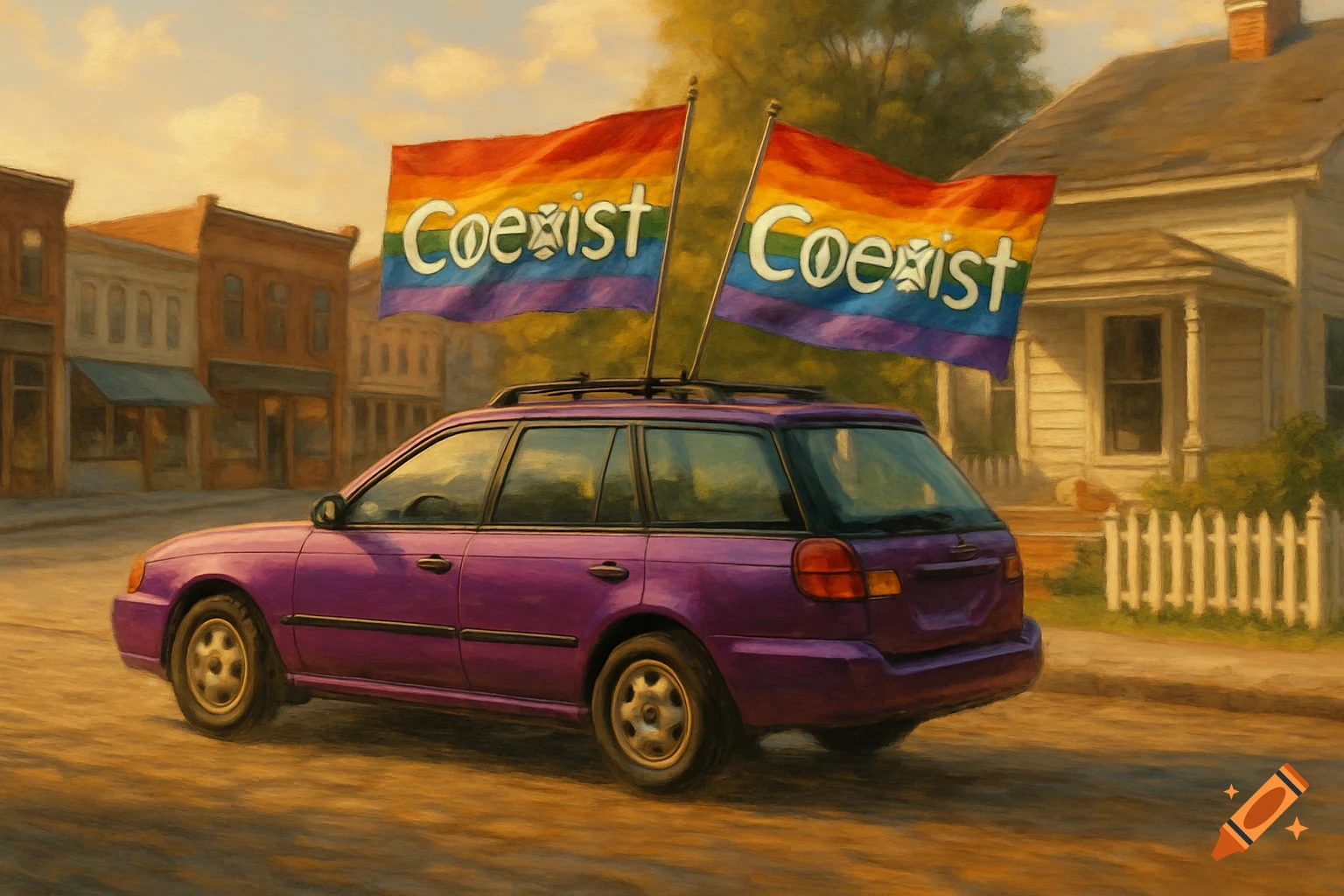 A purple Subaru station wagon with two rainbow 'Coexist' flags on its roof drives through a small town street in a painterly style.