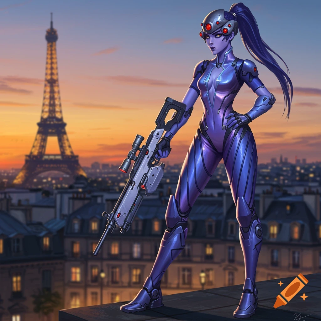 Widowmaker from Overwatch stands on a Paris rooftop at sunset, holding a sniper rifle, with the Eiffel Tower behind her.