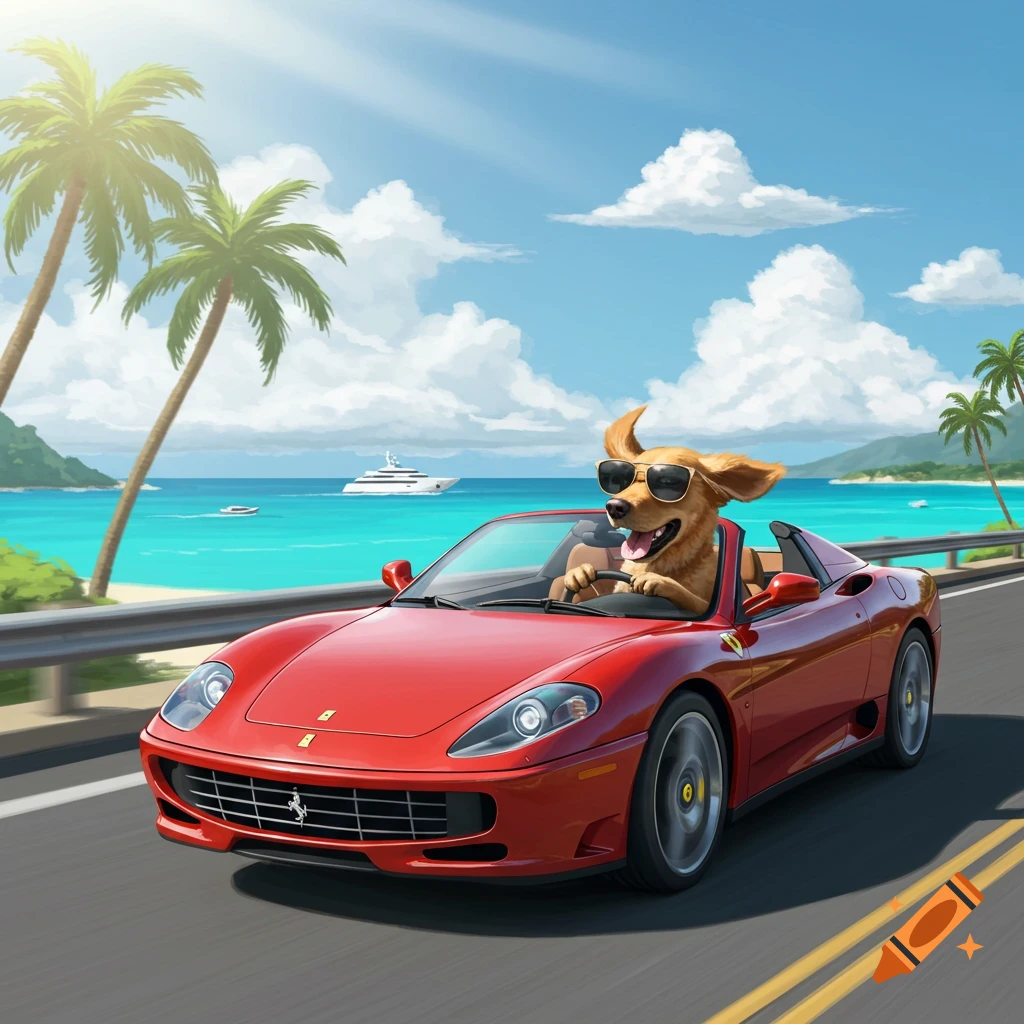 A happy cartoon dog wearing sunglasses drives a red Ferrari convertible along a sunny coastal road with palm trees and a blue ocean.