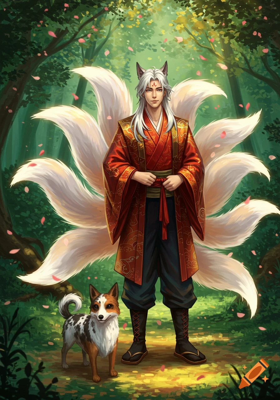 A white-haired male kitsune in a red kimono stands in a vibrant green forest with a spotted dog.