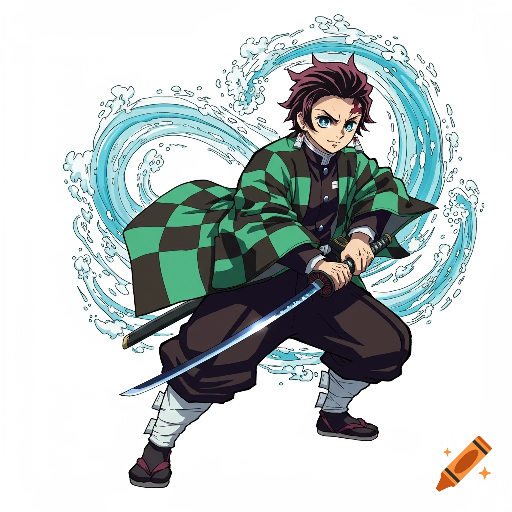 Anime character in green-black haori holds a katana, surrounded by blue water effects, on a white background.
