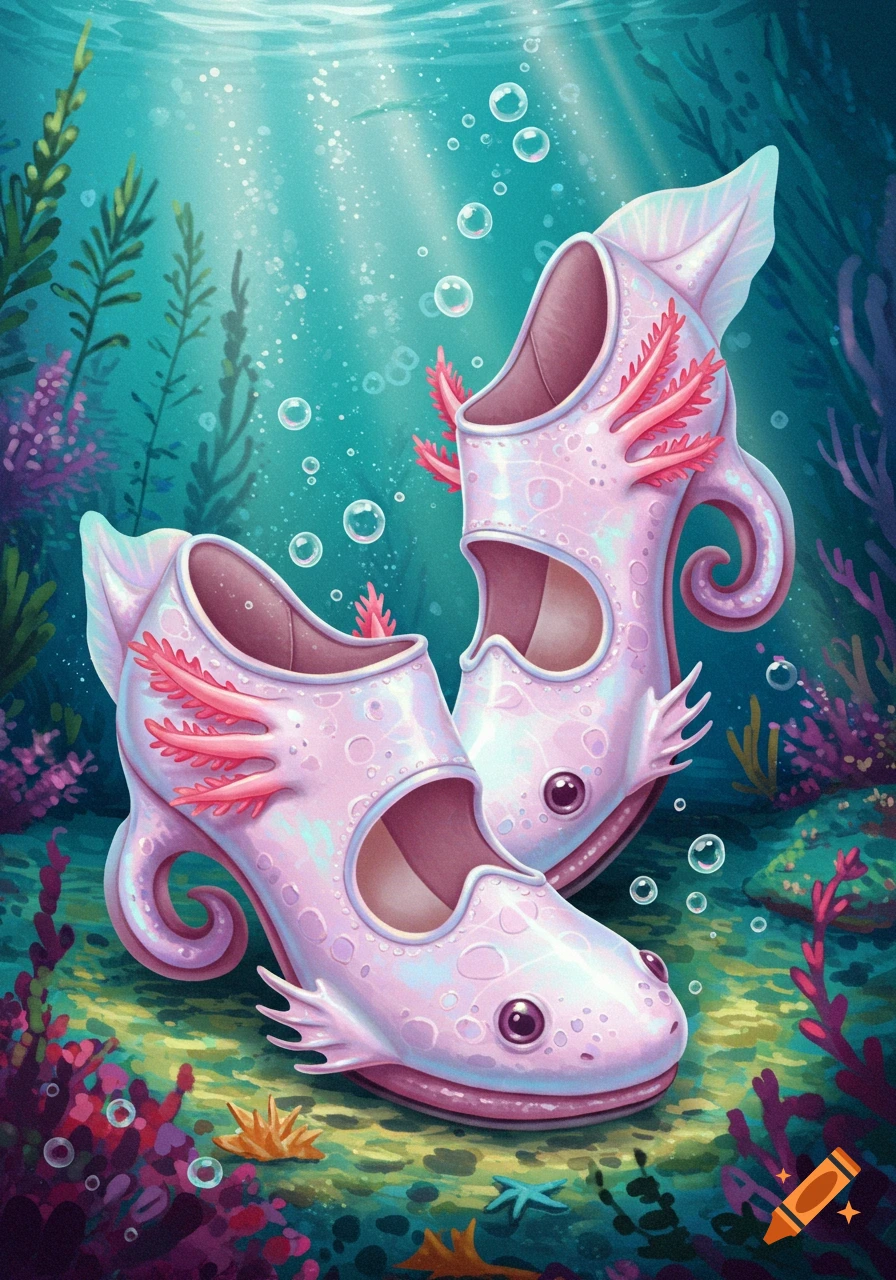 Whimsical pink axolotl-themed high heels on the seabed with coral and sunlight filtering through water.