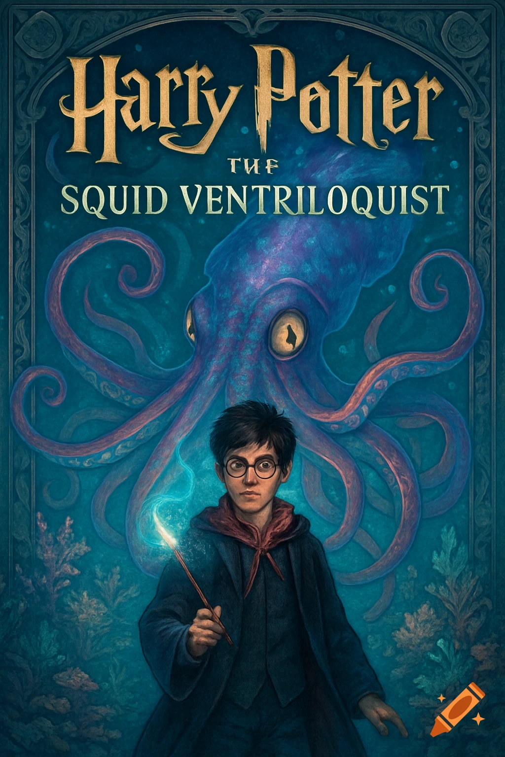 A stylized fantasy book cover featuring Harry Potter casting a spell, with a large blue-purple squid behind him, underwater plants in the foreground.