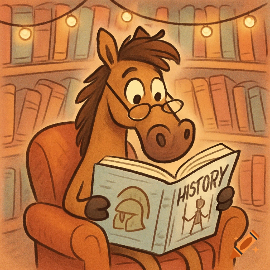 A cartoon horse wearing glasses sits in an armchair, reading a book titled 'HISTORY' in a cozy library.