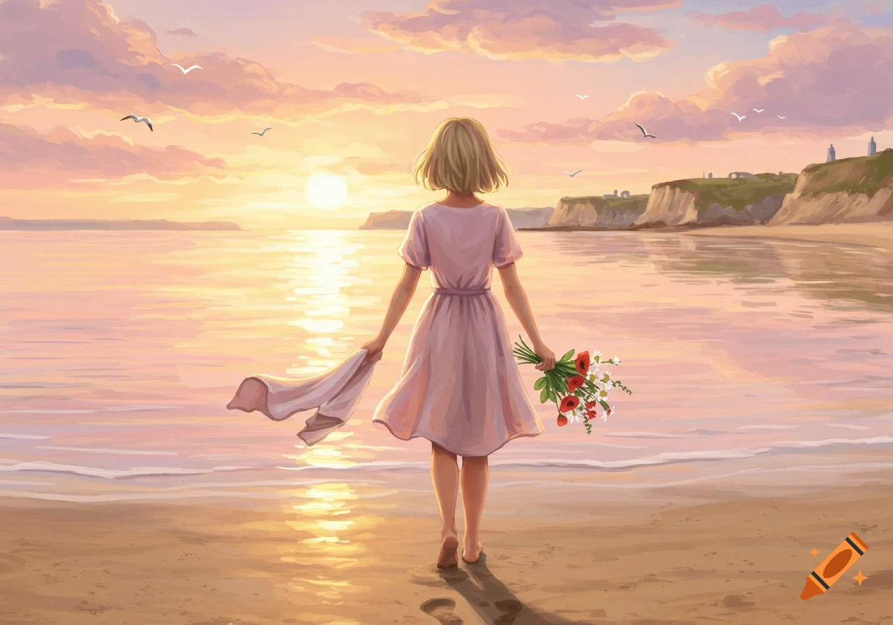 Dreamy digital painting of a girl holding flowers and a shawl, standing on a beach at sunset, with cliffs and seagulls.
