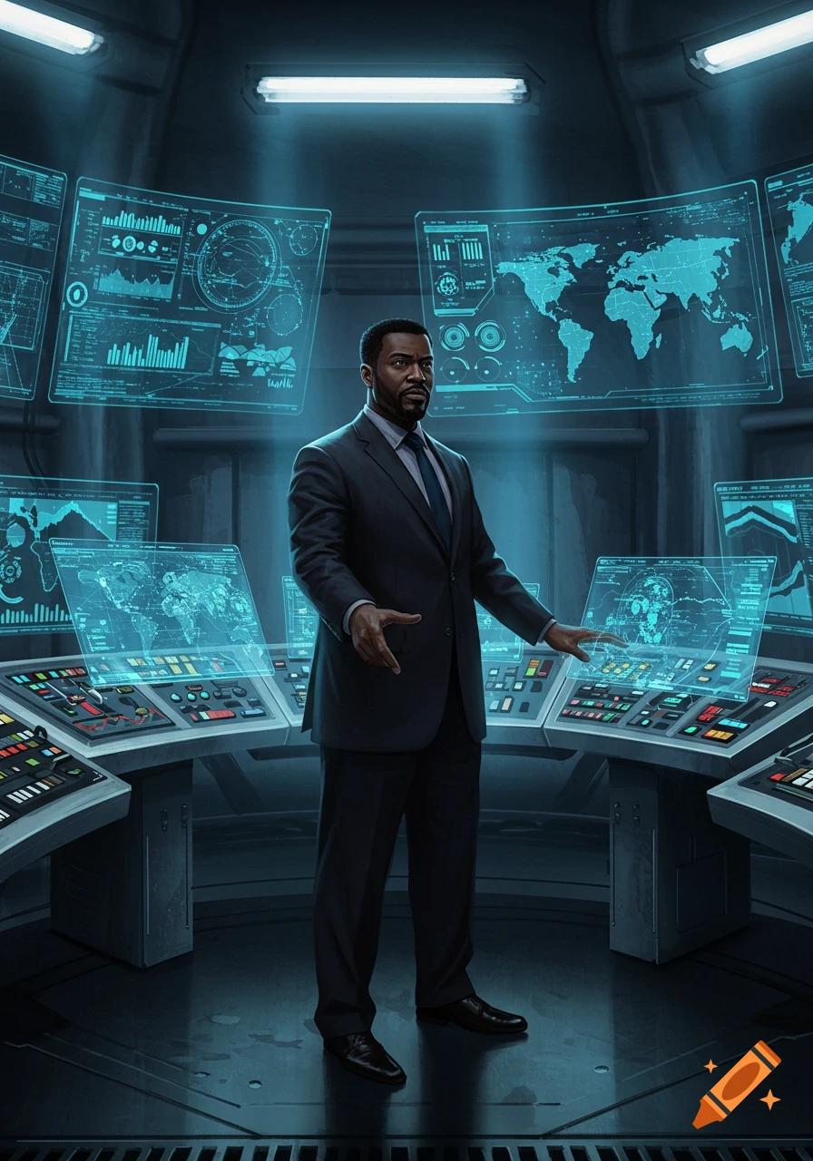 A man in a suit stands in a dark, futuristic control room surrounded by glowing blue holographic screens displaying data and world maps.
