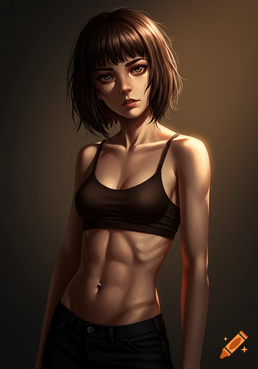 Anime-style illustration of a woman with short dark hair, wearing a black sports bra and pants, showing toned abs, against a plain background.