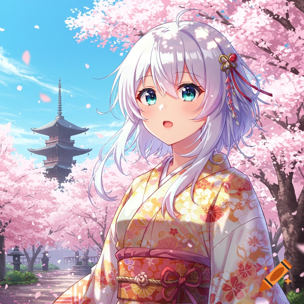 Anime girl with white hair and blue eyes in a colorful kimono, standing among pink cherry blossoms with a pagoda in the background.