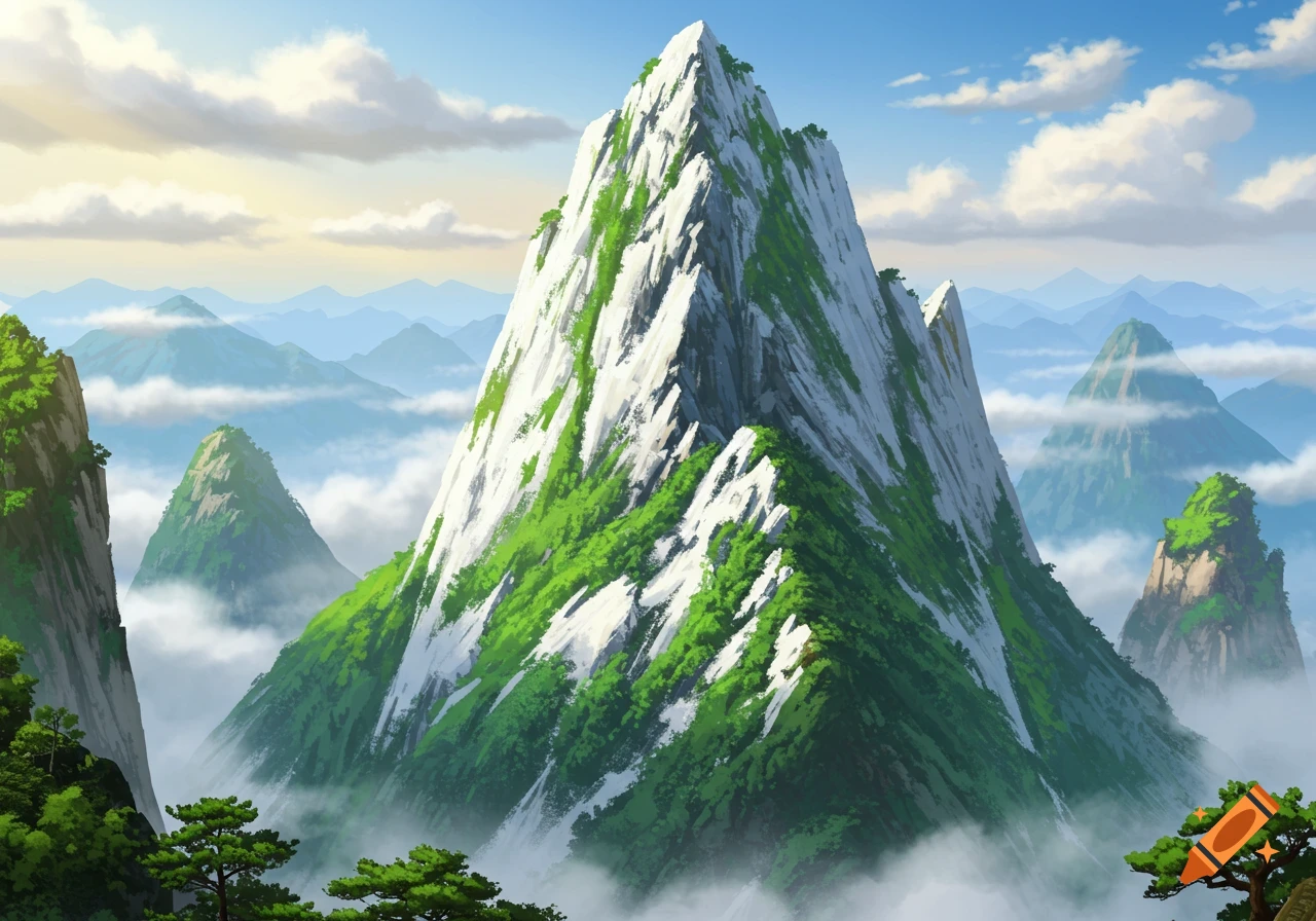 Vibrant stylized landscape of majestic green Chinese mountains with white peaks, partly veiled in mist, under a blue sky.