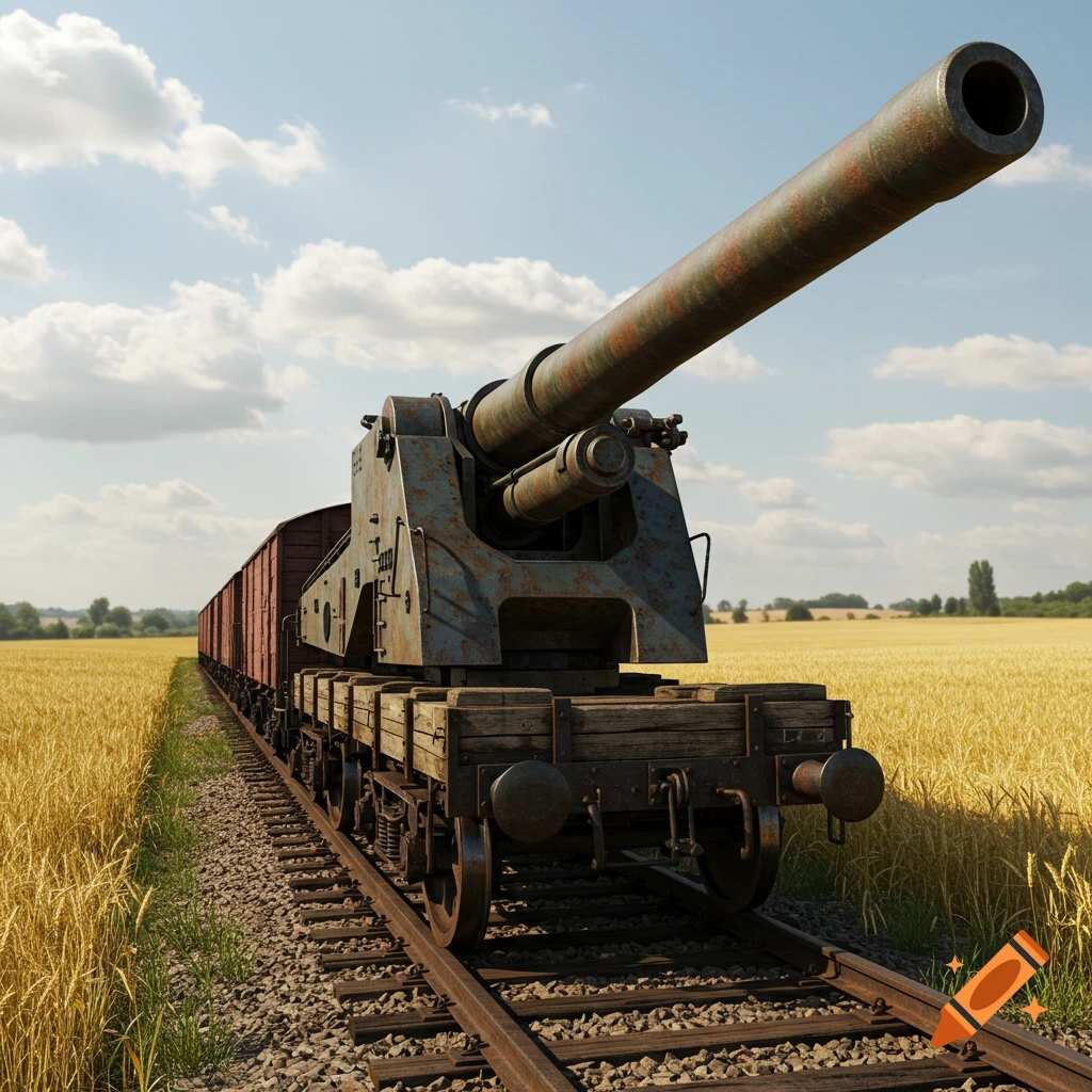 A large, rusty railway cannon on train tracks, passing through a golden wheat field under a blue sky.