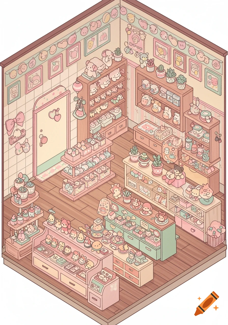 An isometric illustration of a cute, pastel-colored kawaii shop with shelves full of plush toys, plants, and trinkets.