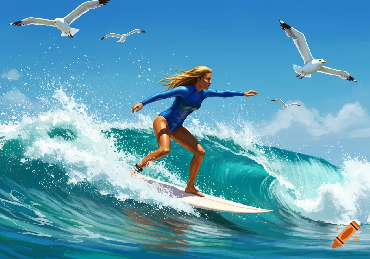 A vibrant illustration of a female surfer on a large wave, with seagulls flying under a clear blue sky.