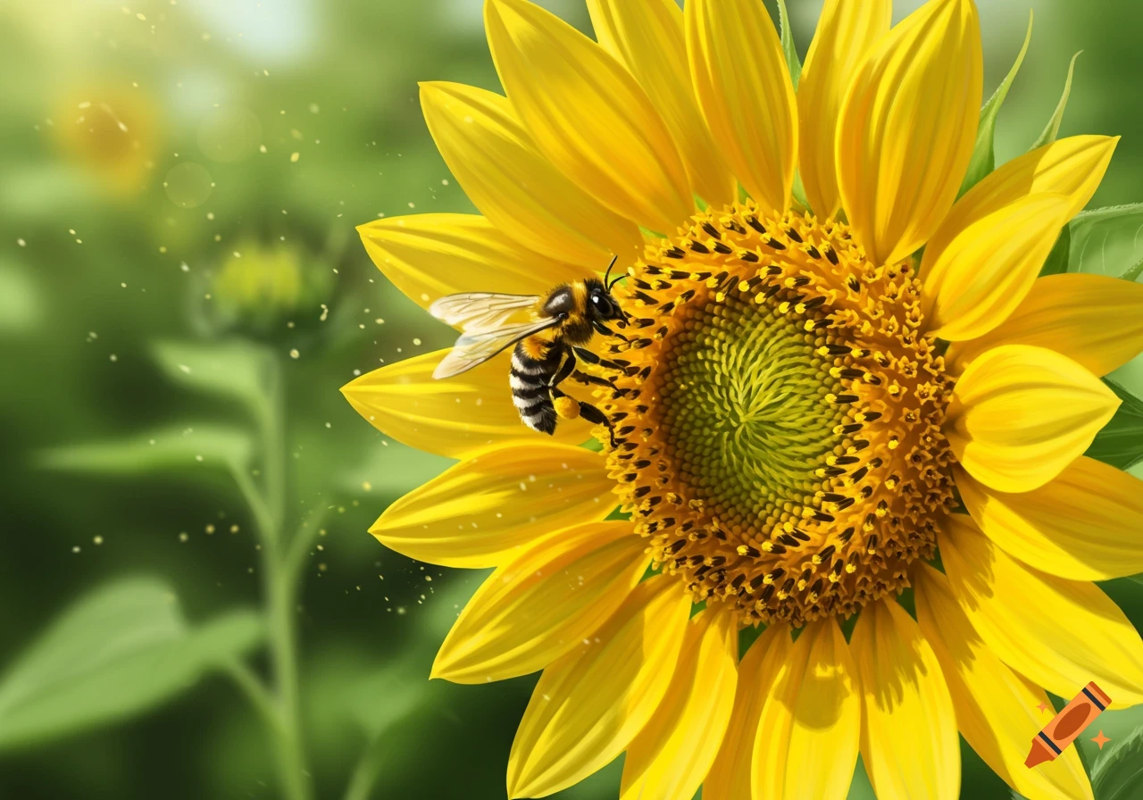 A close-up, photorealistic shot of a busy bee gathering pollen from a vibrant yellow sunflower in a bright, sunlit field.