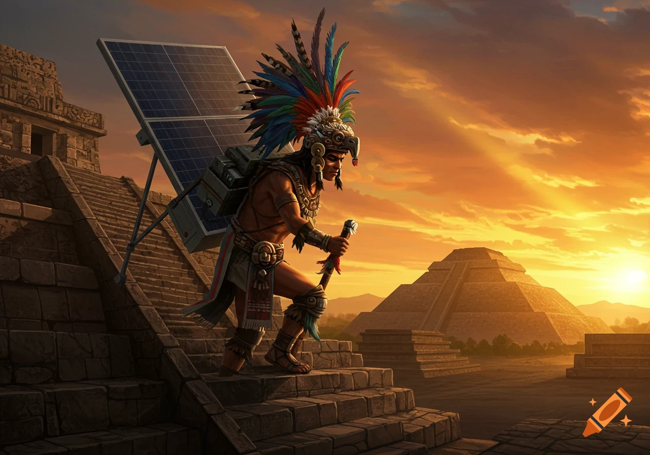 Aztec warrior in traditional attire with a solar panel on his back climbs stone pyramid steps at sunrise in ancient Mexico, detailed.