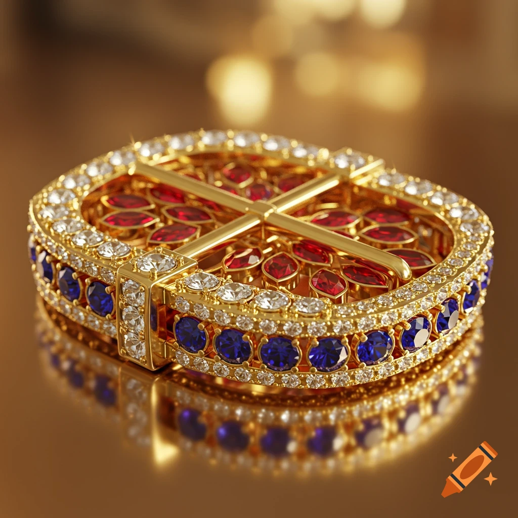 An ornate gold buckle adorned with sparkling red, blue, and clear gems, shimmering on a reflective gold surface.