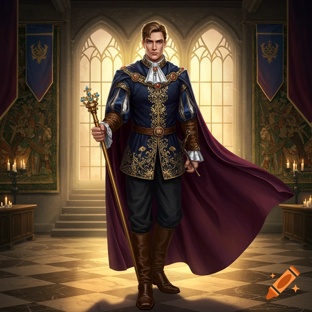A handsome prince in ornate blue and gold regal attire, a flowing maroon cape, holding a golden scepter in a grand hall.
