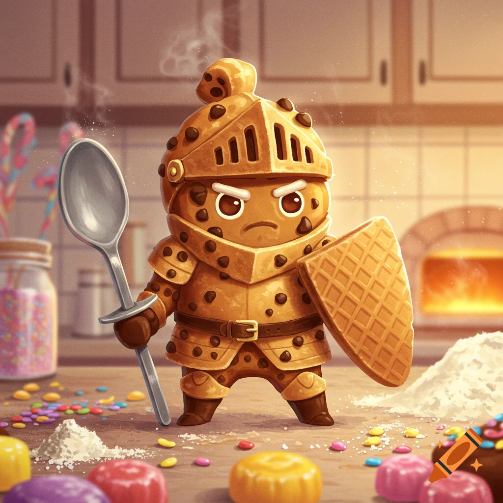 A cartoon chocolate chip cookie knight with a spoon and waffle shield stands in a kitchen with candy and flour around.