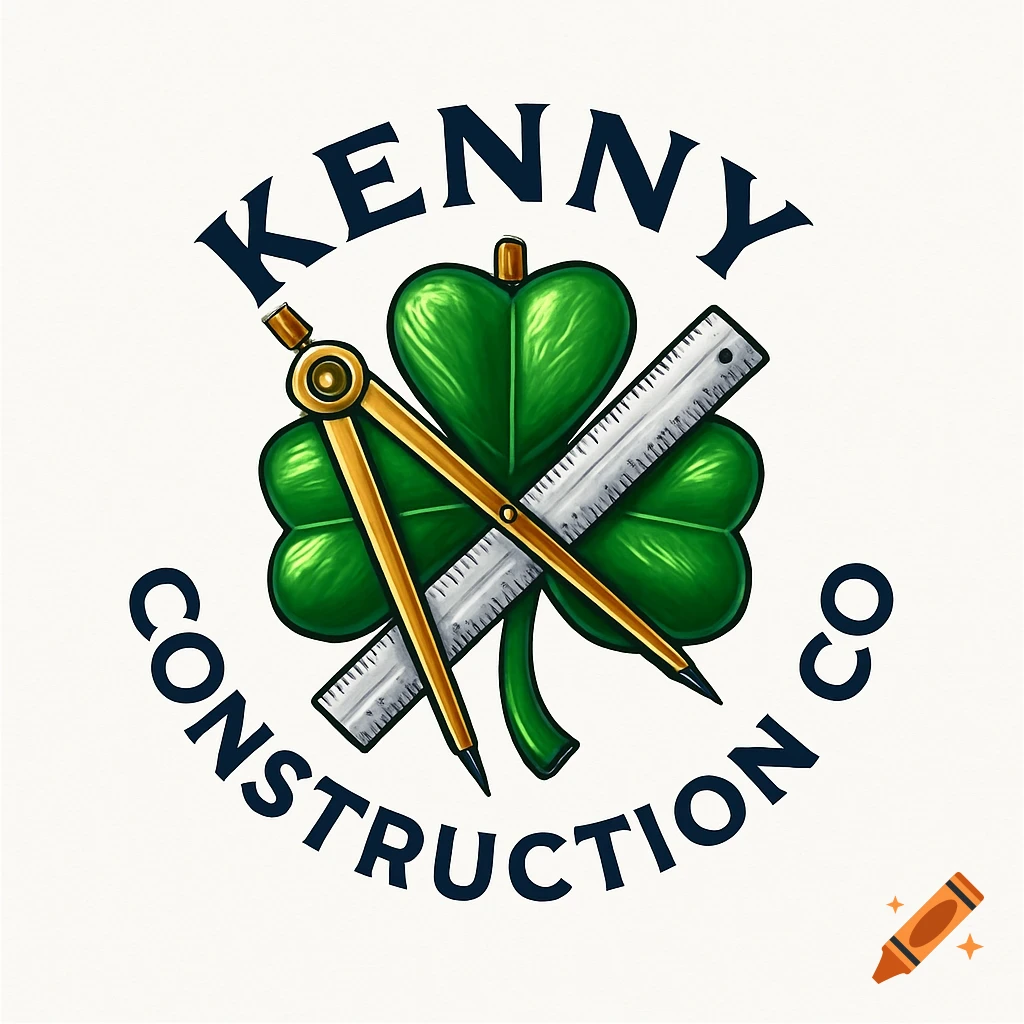 A logo for Kenny Construction Co. featuring a green shamrock, golden drafting compass, and silver ruler.