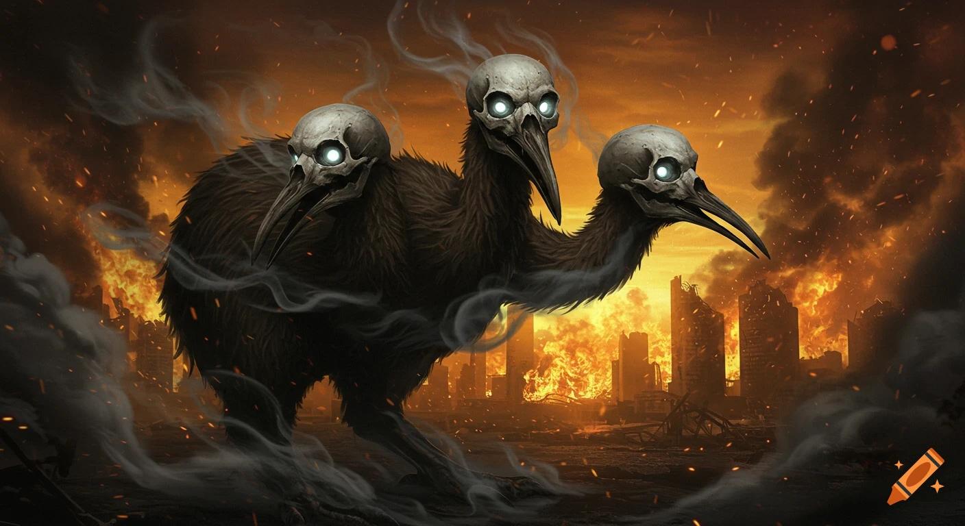 A three-headed skeletal kiwi monster with glowing eyes emerges from smoke in front of a burning, apocalyptic city.