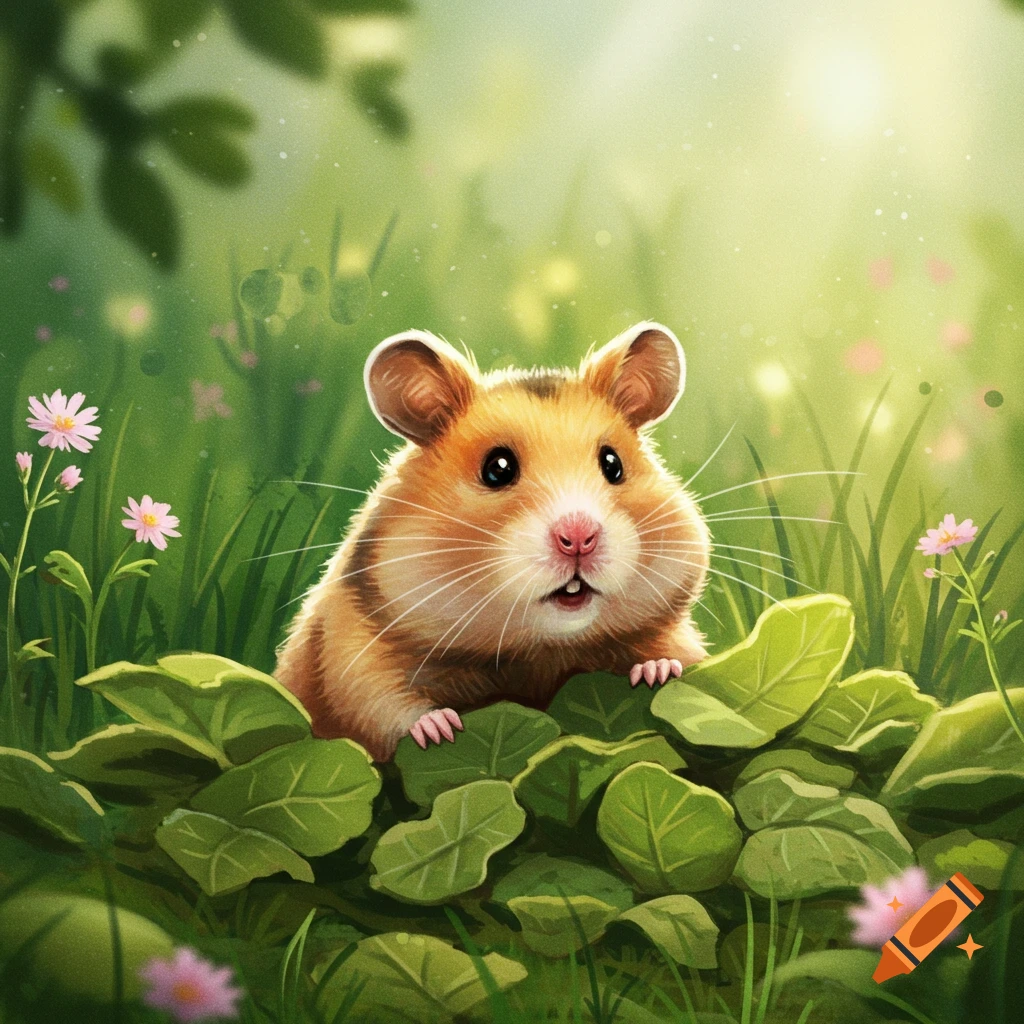 Cute fluffy brown and white hamster peeking over green leaves in a sunlit grassy field with pink flowers, illustration.