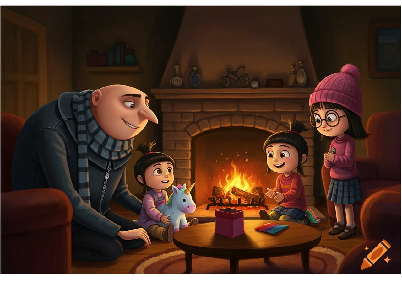 Gru, Agnes, Margo, and Edith from Despicable Me gather around a warm fireplace in a cozy, animated scene.