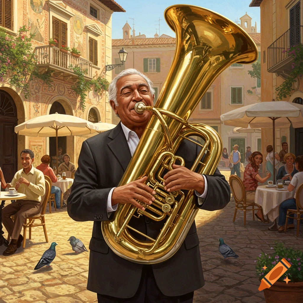 Smiling older man plays a large golden tuba in a sunny European piazza with outdoor cafes, digital painting.