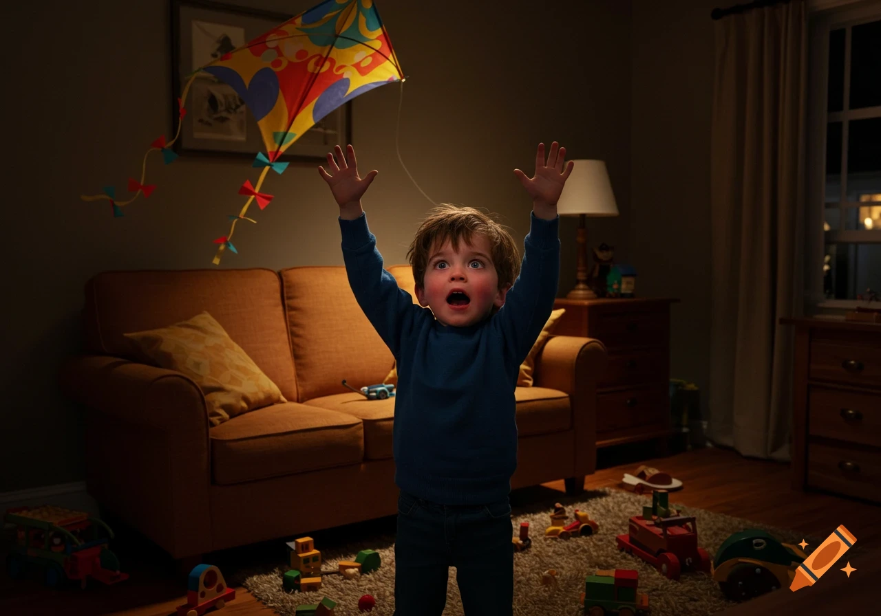 A young boy with raised hands and a surprised expression looks up at a colorful kite indoors, surrounded by toys on a rug.