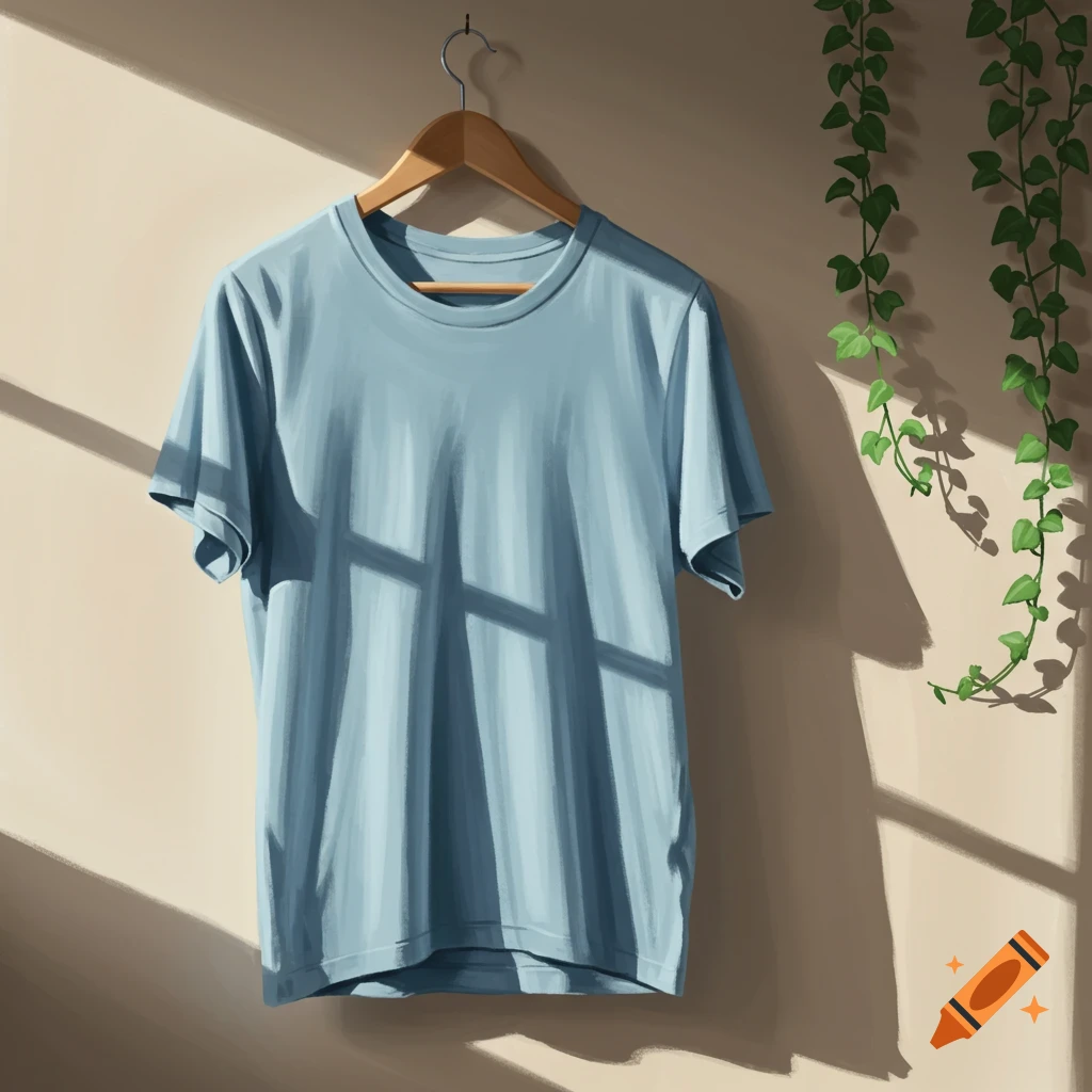 Light blue t-shirt on a wooden hanger against a beige wall, with window shadows and green ivy, in a painterly style.