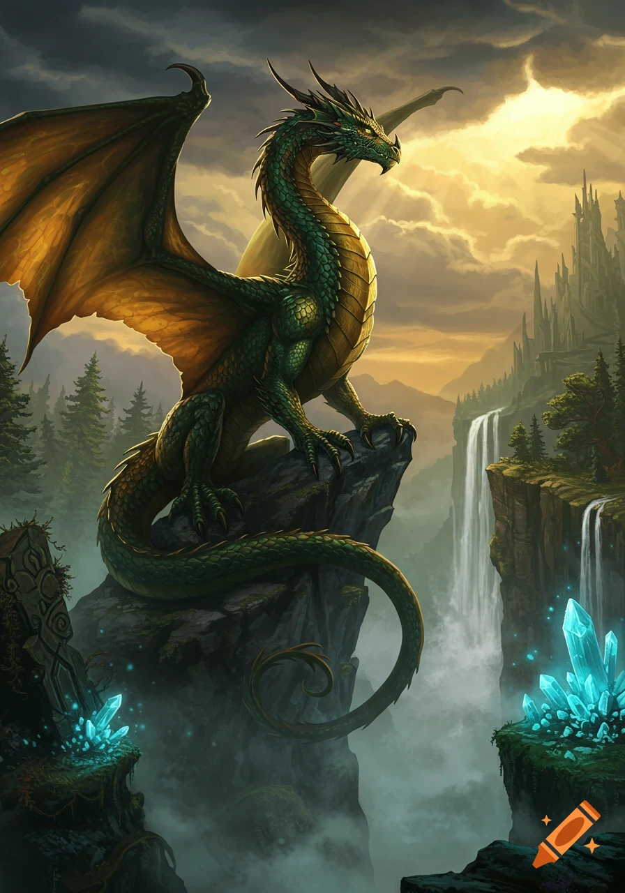 A green dragon perched on a cliff in a fantasy landscape with waterfalls, glowing crystals, and a distant castle at sunset.