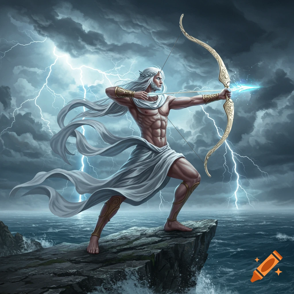 Muscular, white-haired god-like figure in a toga on a cliff, drawing a golden bow with a glowing arrow as lightning strikes a stormy sea.