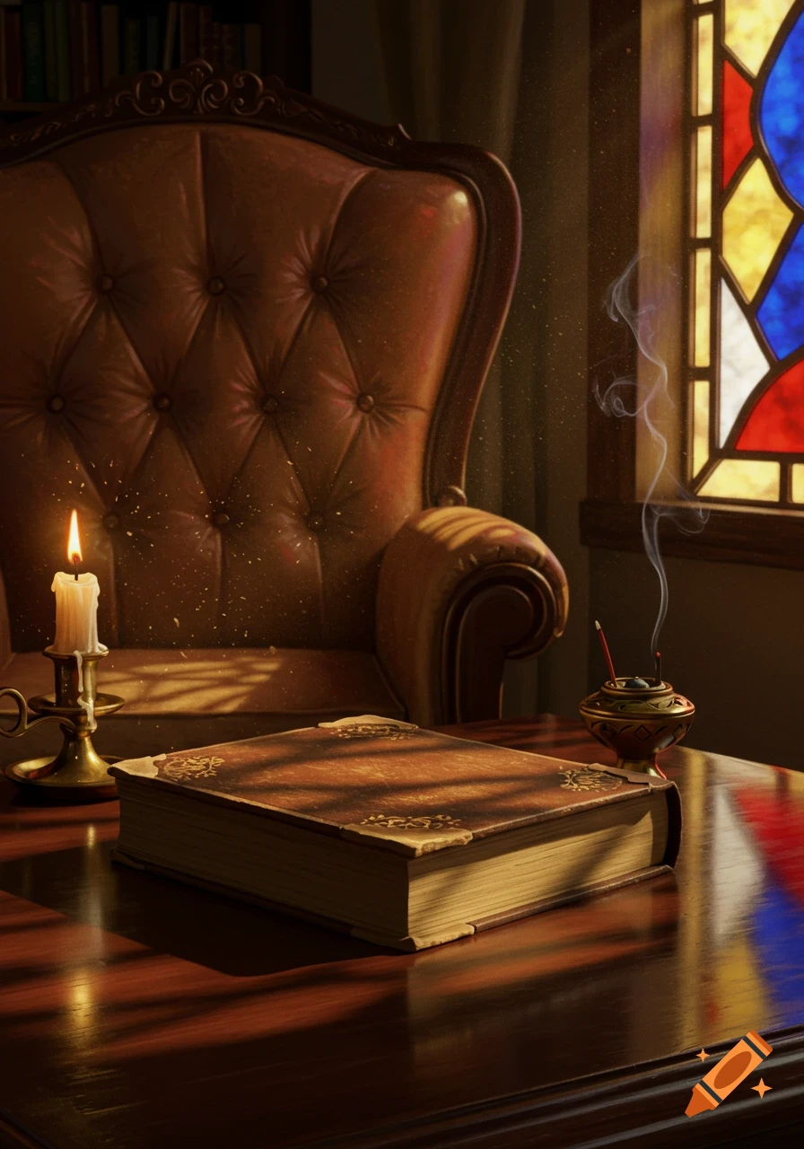A vintage leather-bound book and a lit candle sit on a wooden table, with an ornate armchair and stained glass window in a dim room.